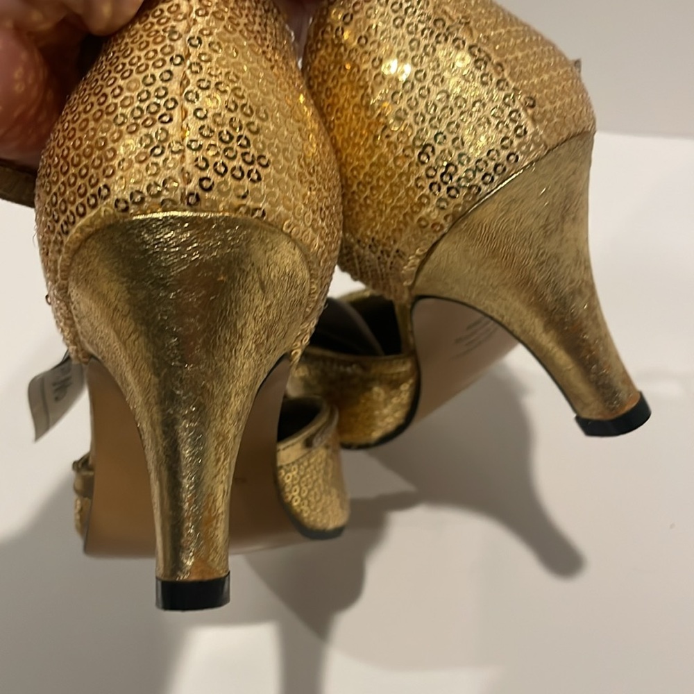 Prom dressy gold shoes heels size 6.5 wide sequins rhinestone fancy NWT NEW - Picture 4 of 7